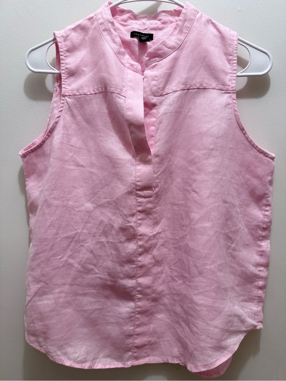 Ann Taylor Pink Linen Split-Neck Sleeveless Top